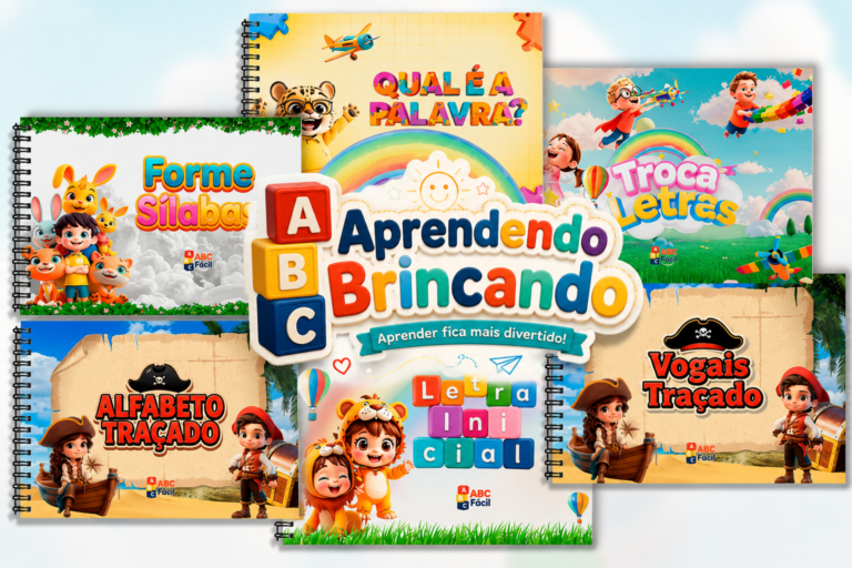Kit Aprendendo Brincando com 5 atividades de alfabetização em PDF para imprimir, incluindo alfabeto traçado, vogais traçadas, formação de sílabas, qual é a palavra e troca de letras.